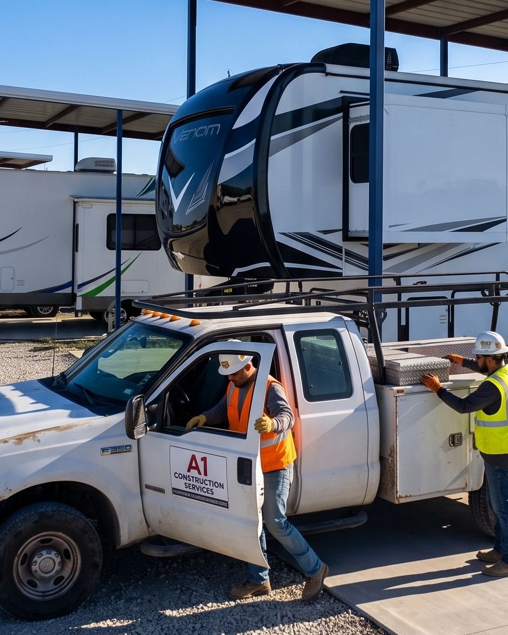 Construction crew loading a work truck next to a covered RV site at North Texas RV Park